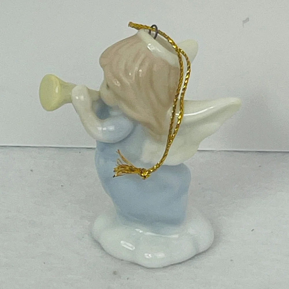 Precious Moments Angel Playing Trumpet Porcelain Christmas Ornament Blue Gown